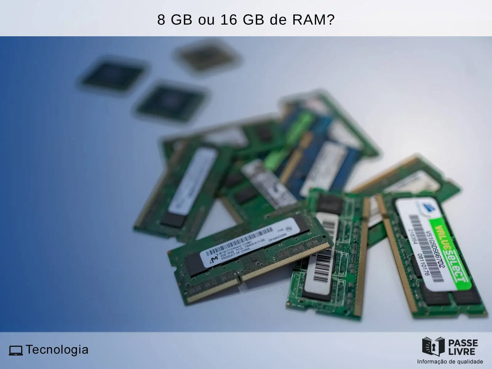 Módulos de memória RAM para computadores e notebooks, ilustrando diferentes opções de capacidade.