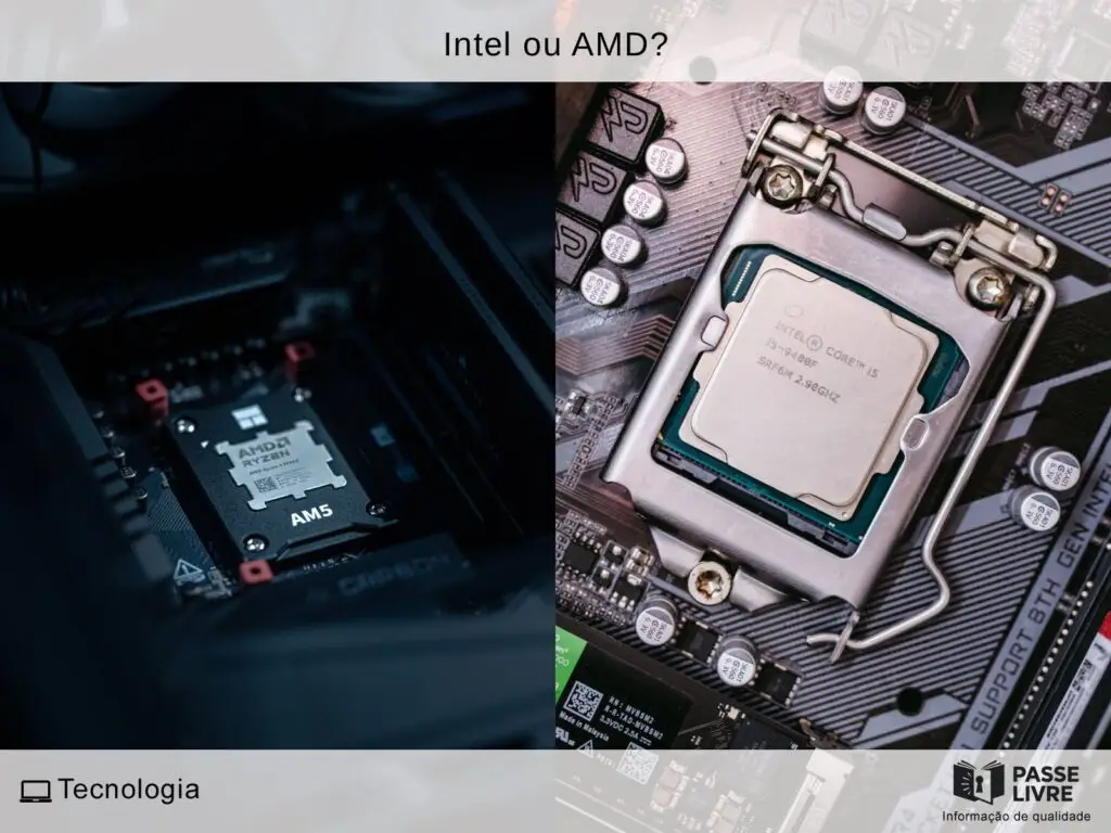 Processadores AMD Ryzen e Intel Core lado a lado em uma comparação entre as duas marcas.